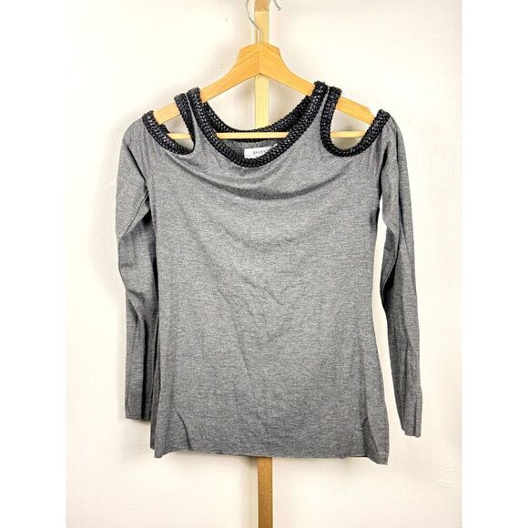 Bailey 44 Faux Leather Trimmed Cold Shoulder Top Long Sleeve Grey Sz S EUC - Picture 1 of 8
